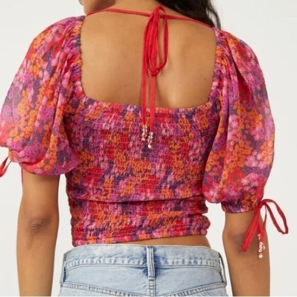 Fairycore Crop Top Smocked Puff Sleeve Vibrant Floral XL - Picture 2 of 11
